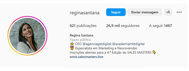 Bio Instagram de Regina Santana