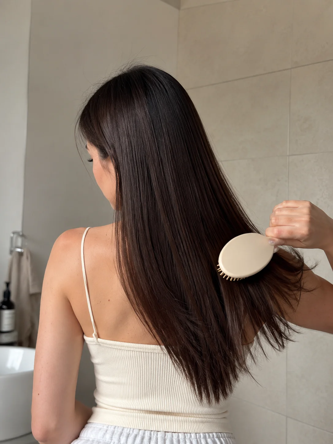 Mulher a escovar o cabelo comprido durante a rotina de cuidados capilares